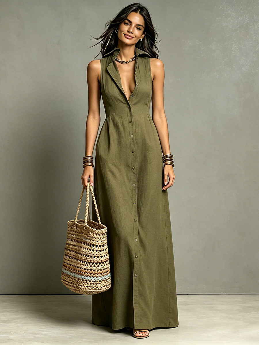 Women's Stand-Collar A-Line Maxi Dress
