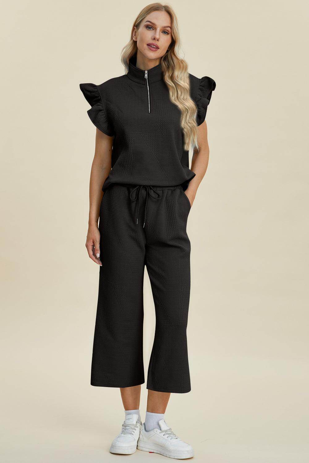 Double Take Full Size Texture Ruffle Top and Pants Set