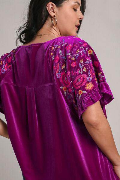 Umgee Full Size Velvet Embroidery Short Sleeve Blouse for Women