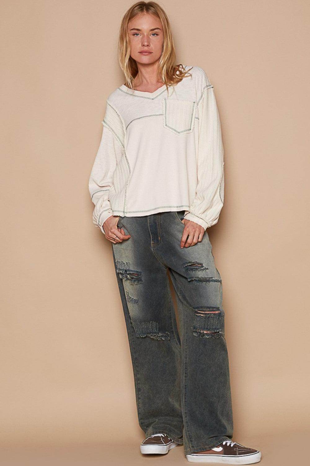 POL V-Neck Knit Panel Exposed Seam Top for Stylish Wear