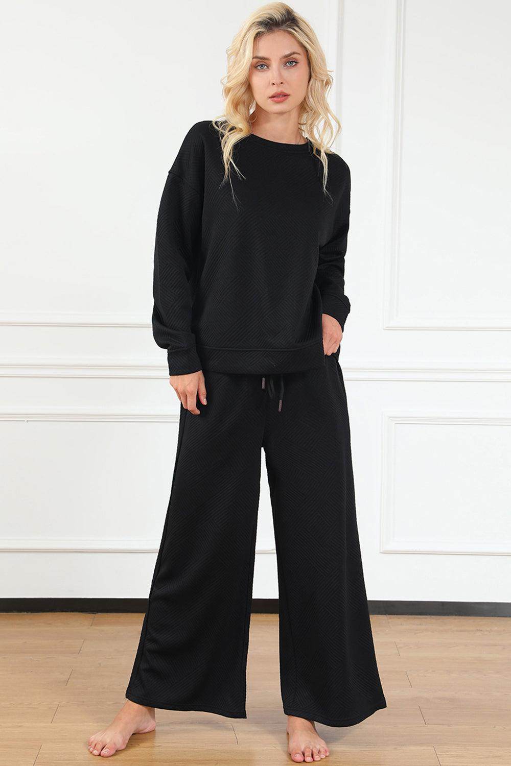 Double Take Full Size Textured Long Sleeve Top and Drawstring Pants Set for Women
