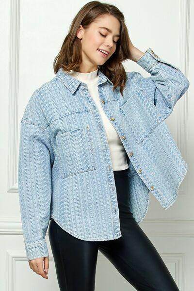 Veveret Button Up Dropped Shoulder Denim Top for Women