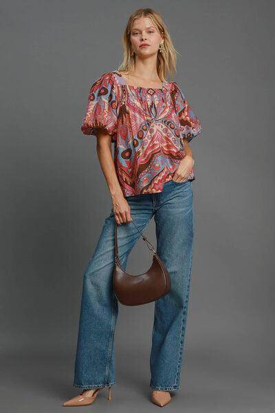 Umgee Full Size Abstract Print Smocked Square Neck Blouse