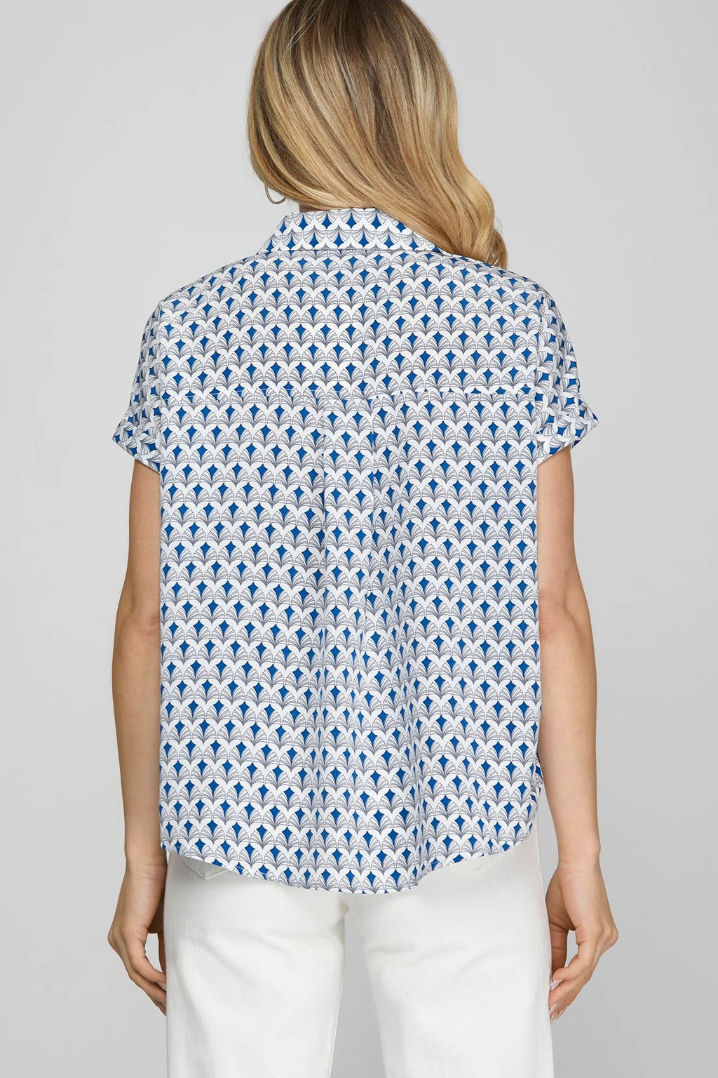 She + Sky Full Size Printed Johnny Collar Short Sleeve Blouse Plus Size