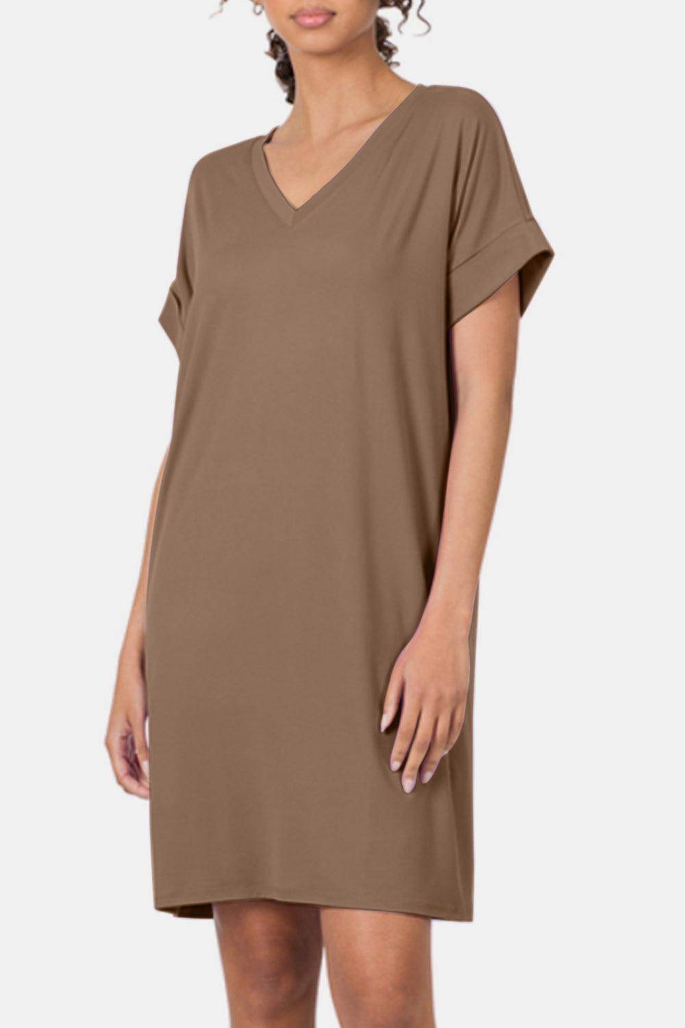 Zenana Rolled Short Sleeve V-Neck Dress for Casual Style
