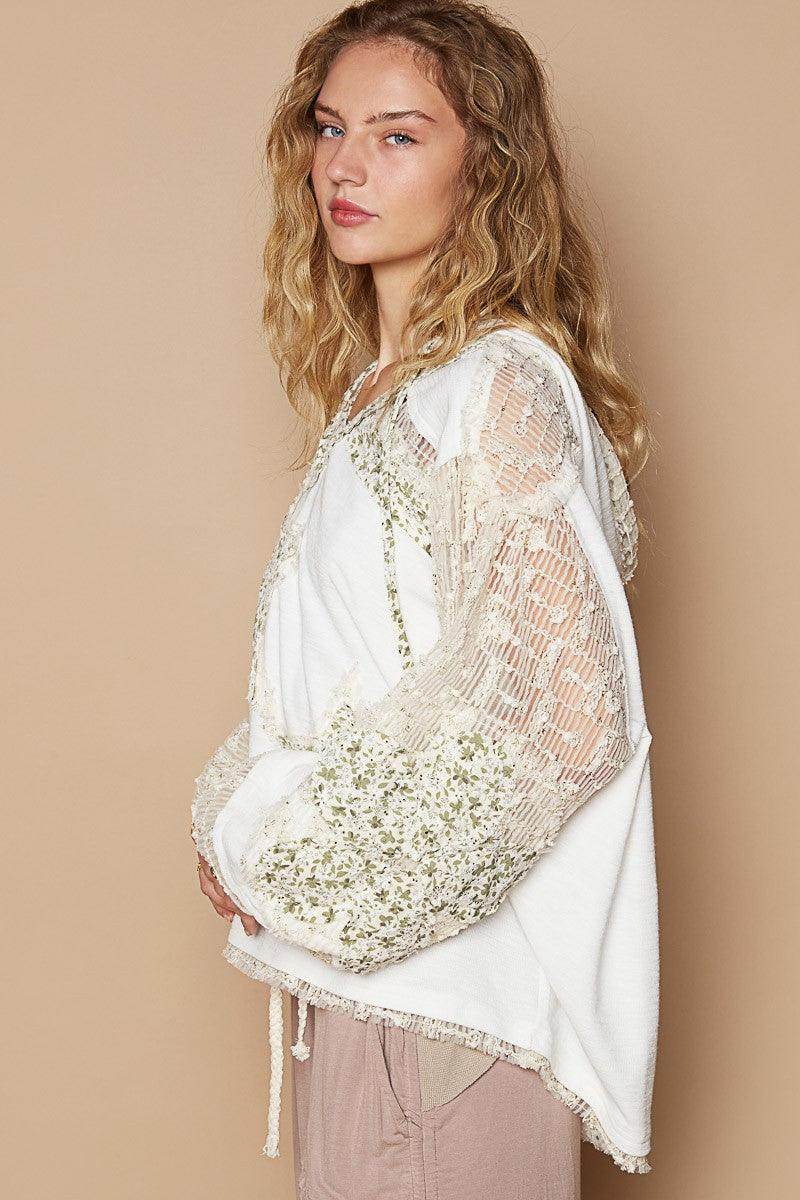 POL Star Patch Lace Contrast Long Sleeve Hooded Top Style