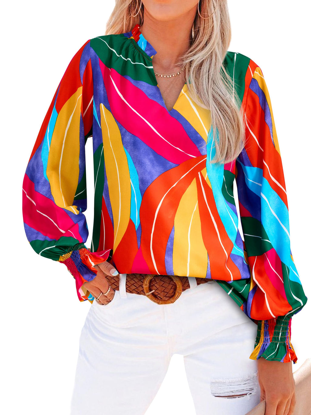 MASCOMODA Womens Boho Floral Long Sleeve Loose Chiffon Blouses | Puff Sleeve Ruffle V Neck Tops, Work Blouses for Women Dressy Casual, 2026 Summer T Shirts, Hawaiian Shirts for Women