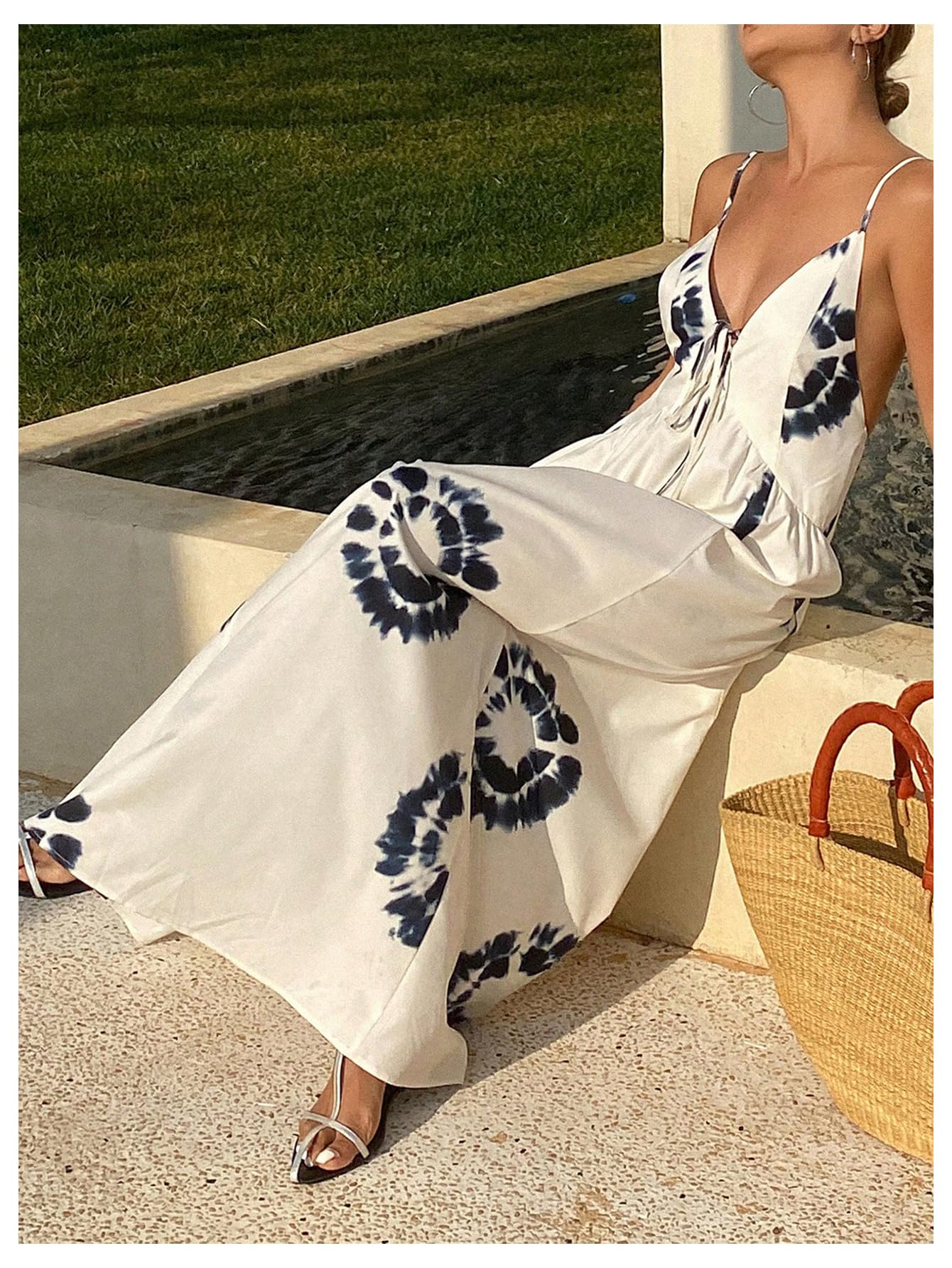 SOLY HUX Women's Boho Floral Print Backless Maxi Dress Tie Front Deep V Neck Sleeveless A Line Flowy Dresses