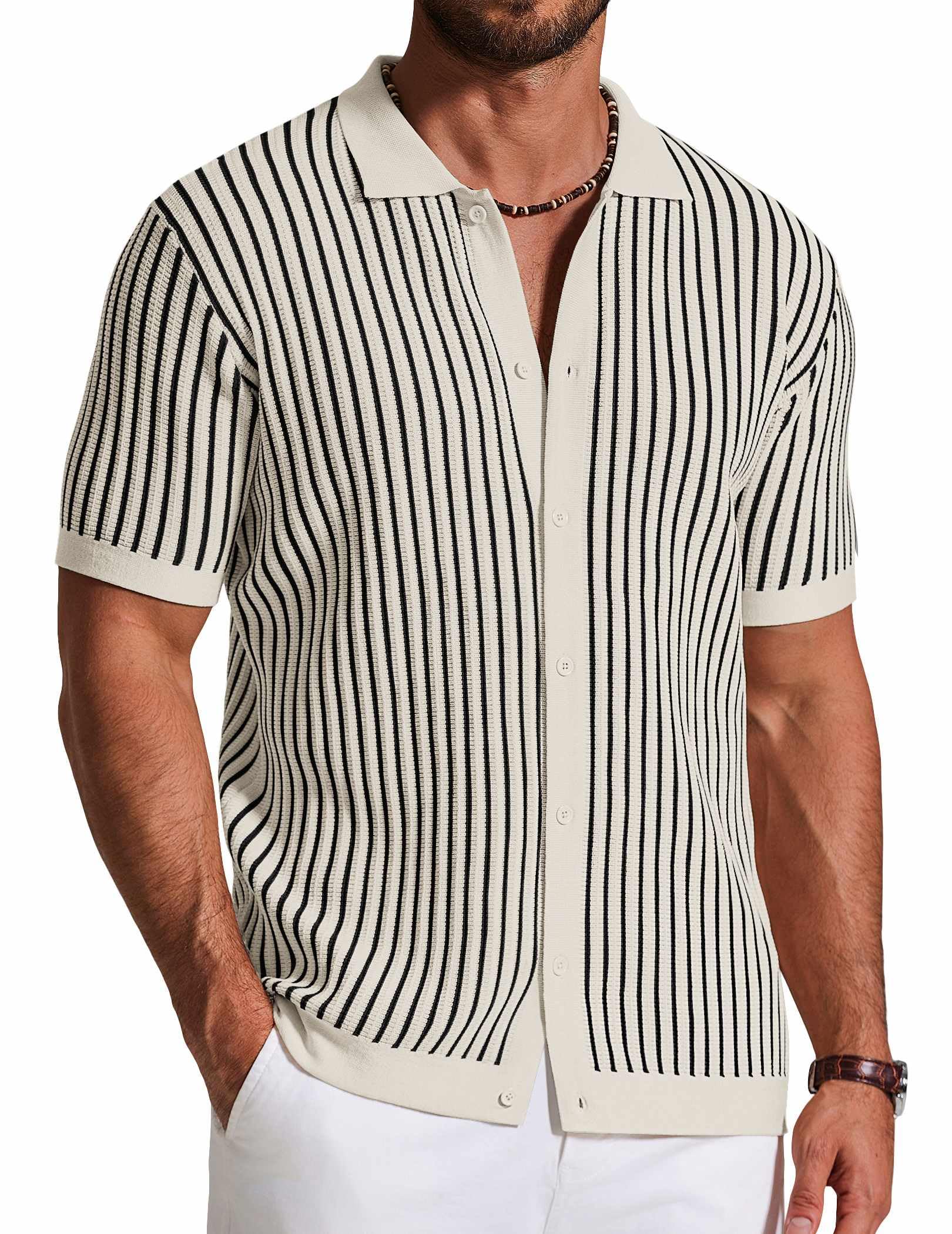 COOFANDY Mens Knit Button Down Shirts Short Sleeve Polo Shirt Vintage Striped Casual Shirts