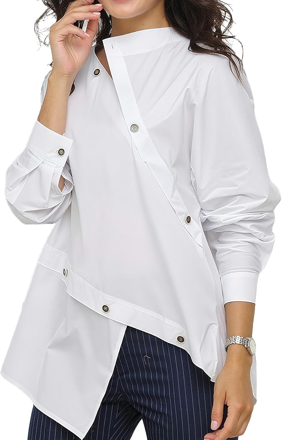 Buttoned Asymmetric Split-Front Blouses Long Sleeves Simple Denim Blue Shirts Tops