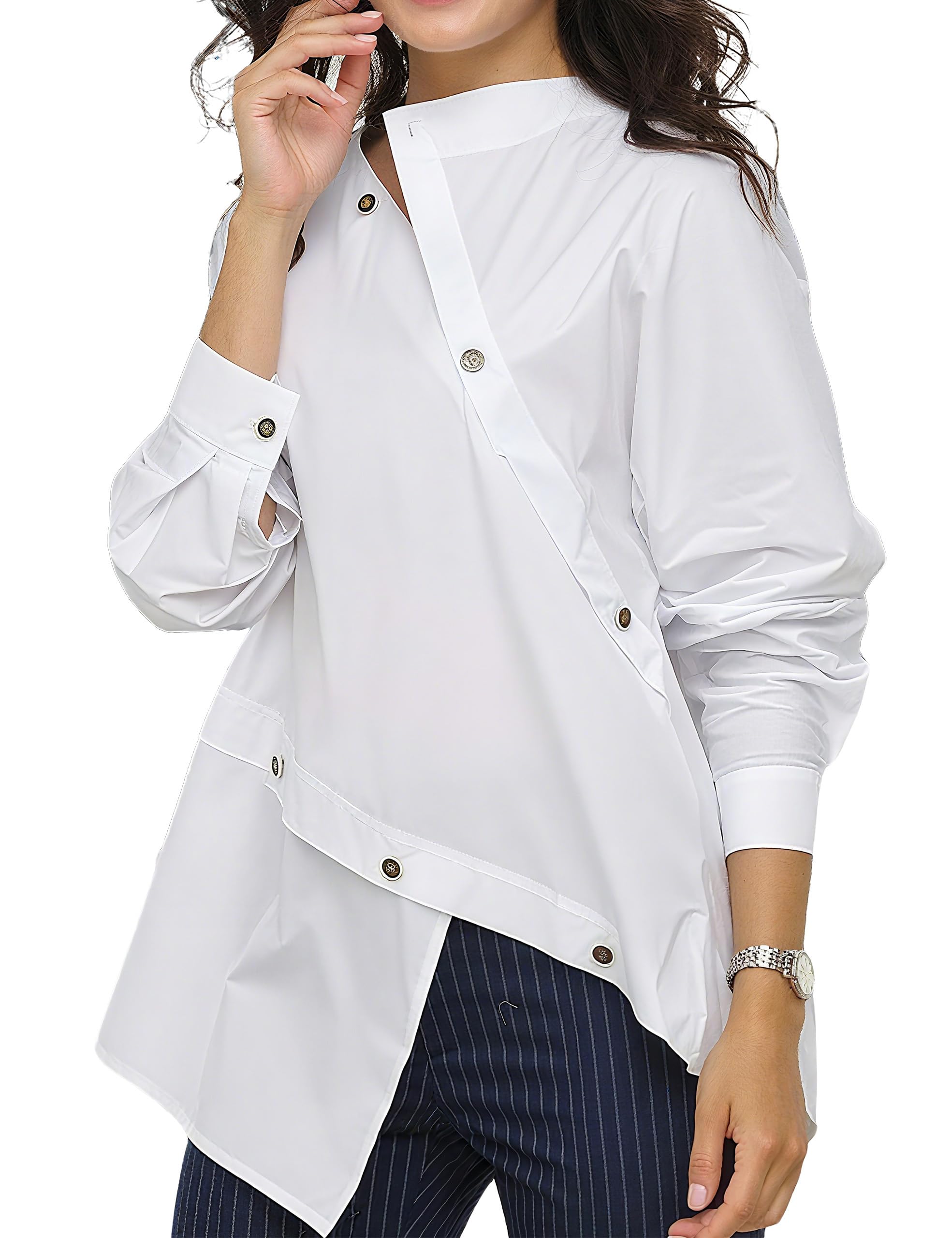 Buttoned Asymmetric Split-Front Blouses Long Sleeves Simple Denim Blue Shirts Tops