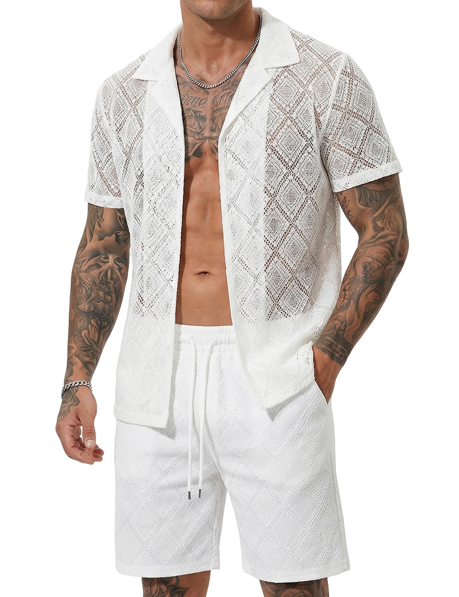 Men 2 Piece Shorts Set Sexy Lace Mesh Sheer Short Sleeve Summer Rave Outfit