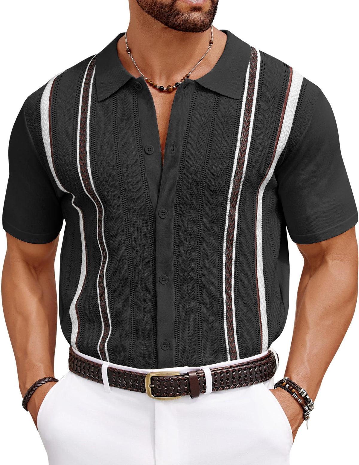 COOFANDY Knit Shirts for Men Casual Short Sleeve Button Down Shirts Summer Beach Stretch Fit Collared Shirts