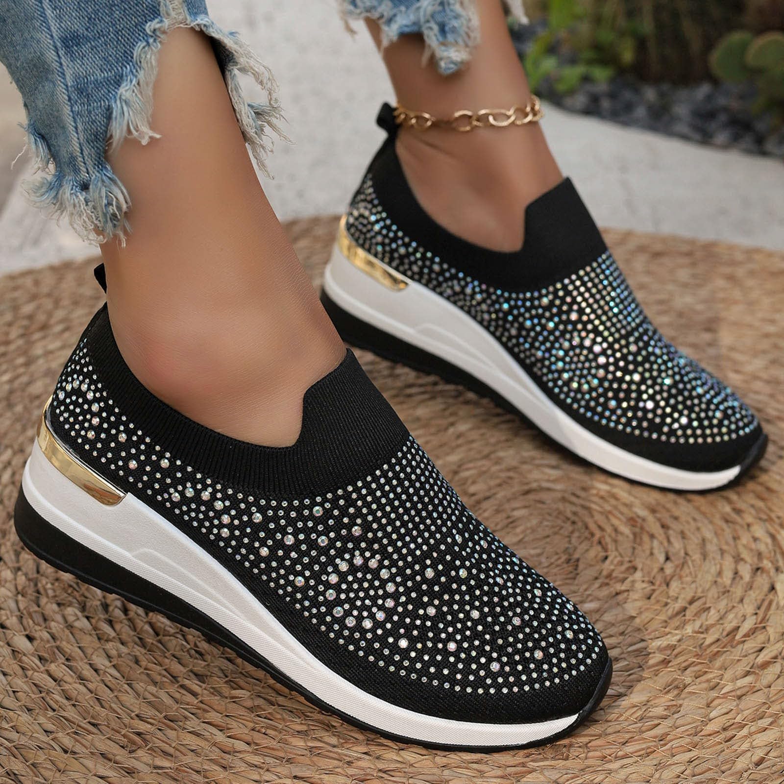 Shoes for Women Dressy Casual,Rhinestone Sneakers for Women Sparkly Bling Women's Rhinestone Mesh Slip-On Summer Shoes Breathable Spakle Glitter Comfortable Orthopedic Wedge Walking Shoes