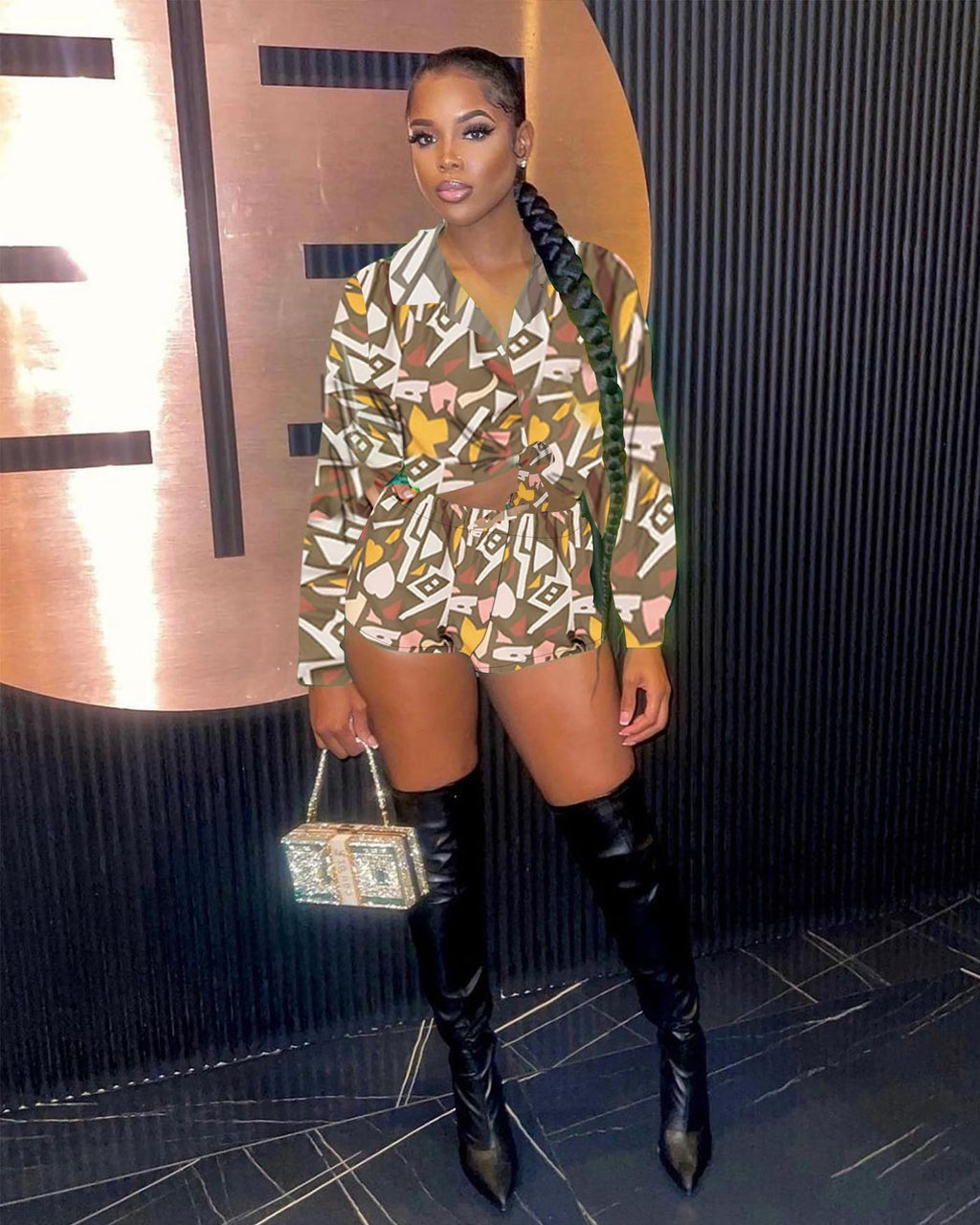 Women 2 Piece Outfit Sexy Printed Crop Top and Shorts Set | Tie Front, Long Sleeve, Matching Set, For Club Party Vacation