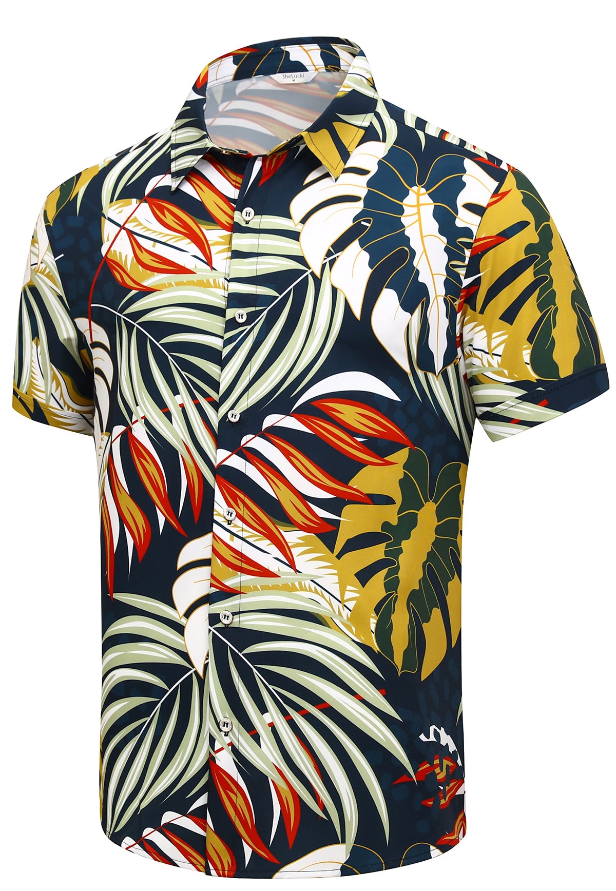 SheLucki Hawaiian Shirt for Men, Unisex Summer Beach Casual Short Sleeve Button Down Shirts, Printed Palmshadow Clothing