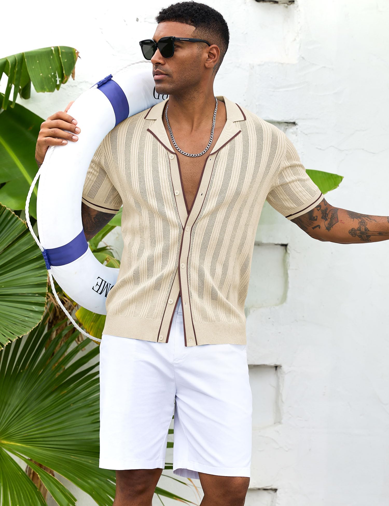 Men's Knit Button Down Shirt Short Sleeve Vintage Knitted Striped Summer Beach Tops S-XXL