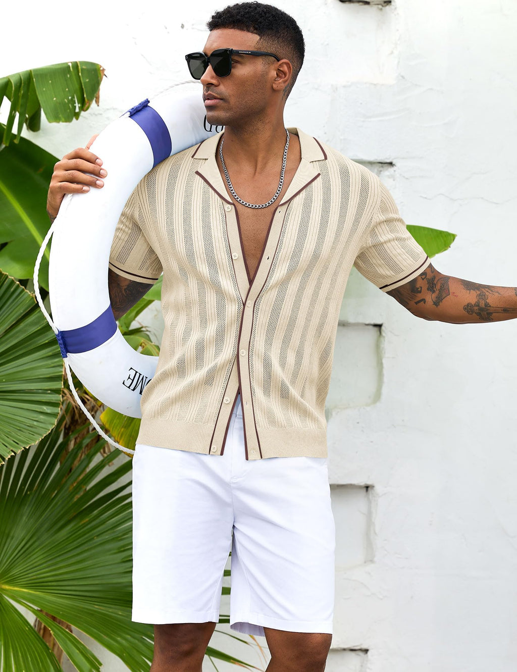 Men's Knit Button Down Shirt Short Sleeve Vintage Knitted Striped Summer Beach Tops S-XXL