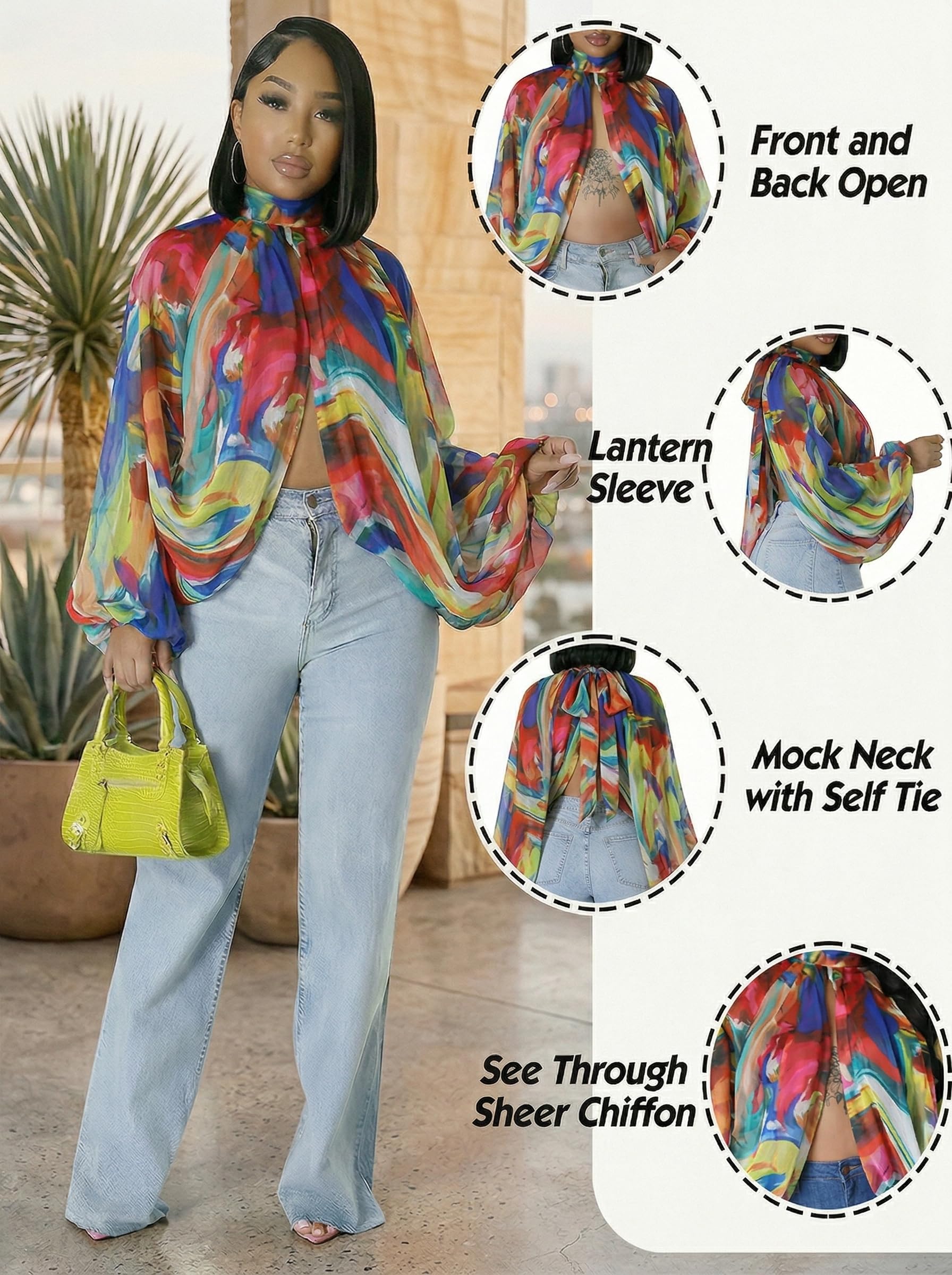 acelyn Women's Sexy See Through Chiffon Sheer Blouses Tops | Lantern Sleeve, Front Back Open, High Neck, Self Tie, Shawl Casual Shirts,Blouses Tops
