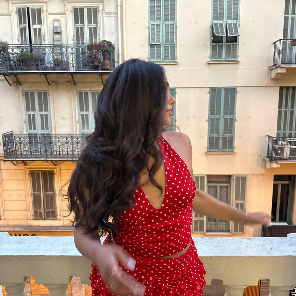 Women Summer Polka Dot Set Halter Mini Tiered Skirt Set | Built in shorts, Ruched Waist, Tiered Ruffle, Mesh outer layer, ideal for going out, vacation, birthday, night out