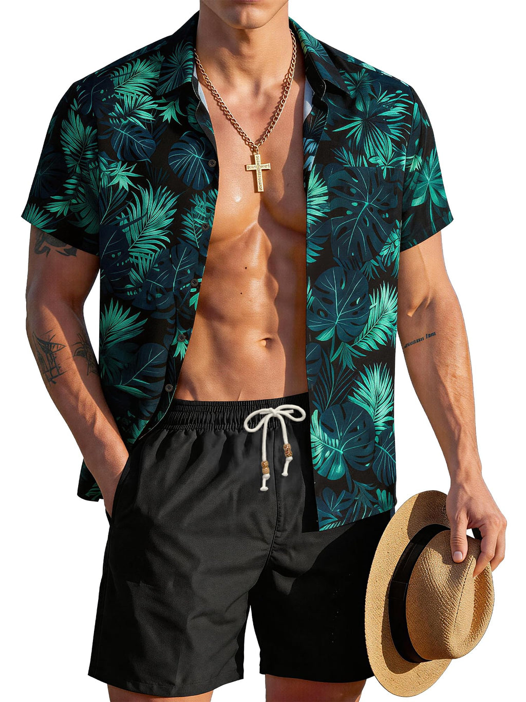 JEMLDL Men's Hawaiian 2 Piece Outfits Floral Button Down Shirts & Linen Shorts Sets Summer Beach Travel Clothes