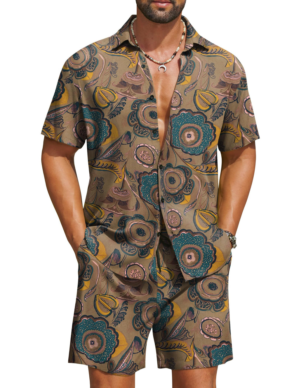 COOFANDY Men's Hawaiian Matching Set Summer Beach 2 Piece Outfits Flower Button Down Shirts and Shorts Vacation Outfits