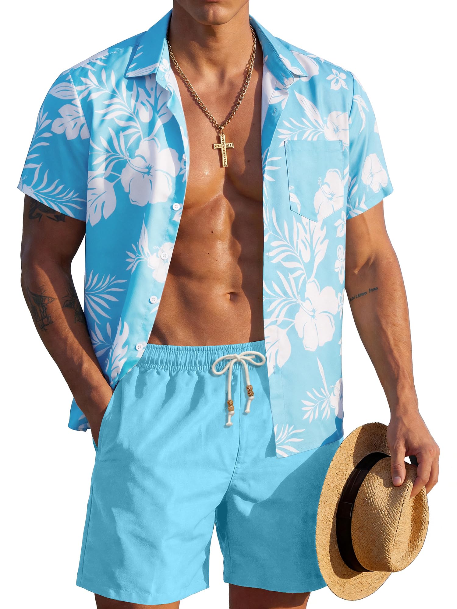 JEMLDL Men's Hawaiian 2 Piece Outfits Floral Button Down Shirts & Linen Shorts Sets Summer Beach Travel Clothes