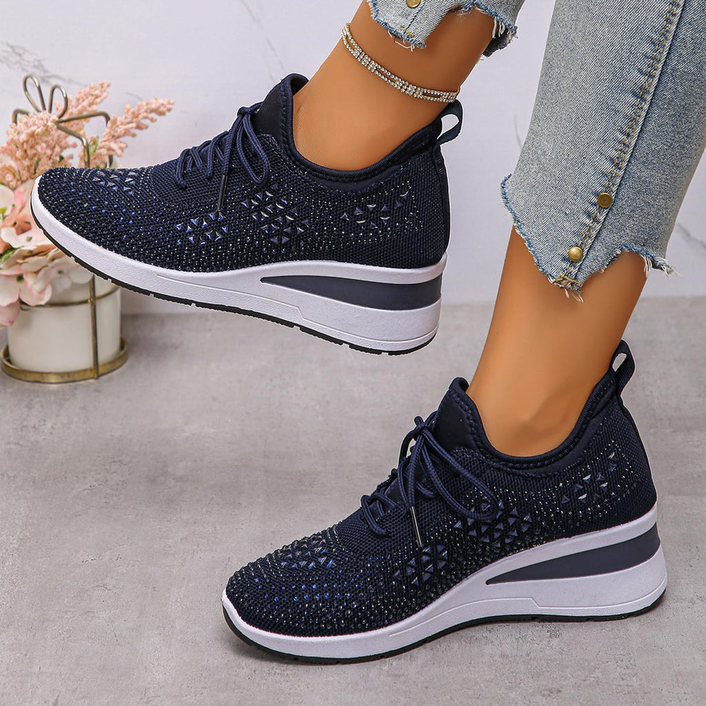 Glitter Rhinestone Wedge Sneakers with Lace-Up for Women Fashion Shiny Sequin Comfort Orthopedic Breathable Mesh Round Toe Soft Sole Tennis Walking Shoes