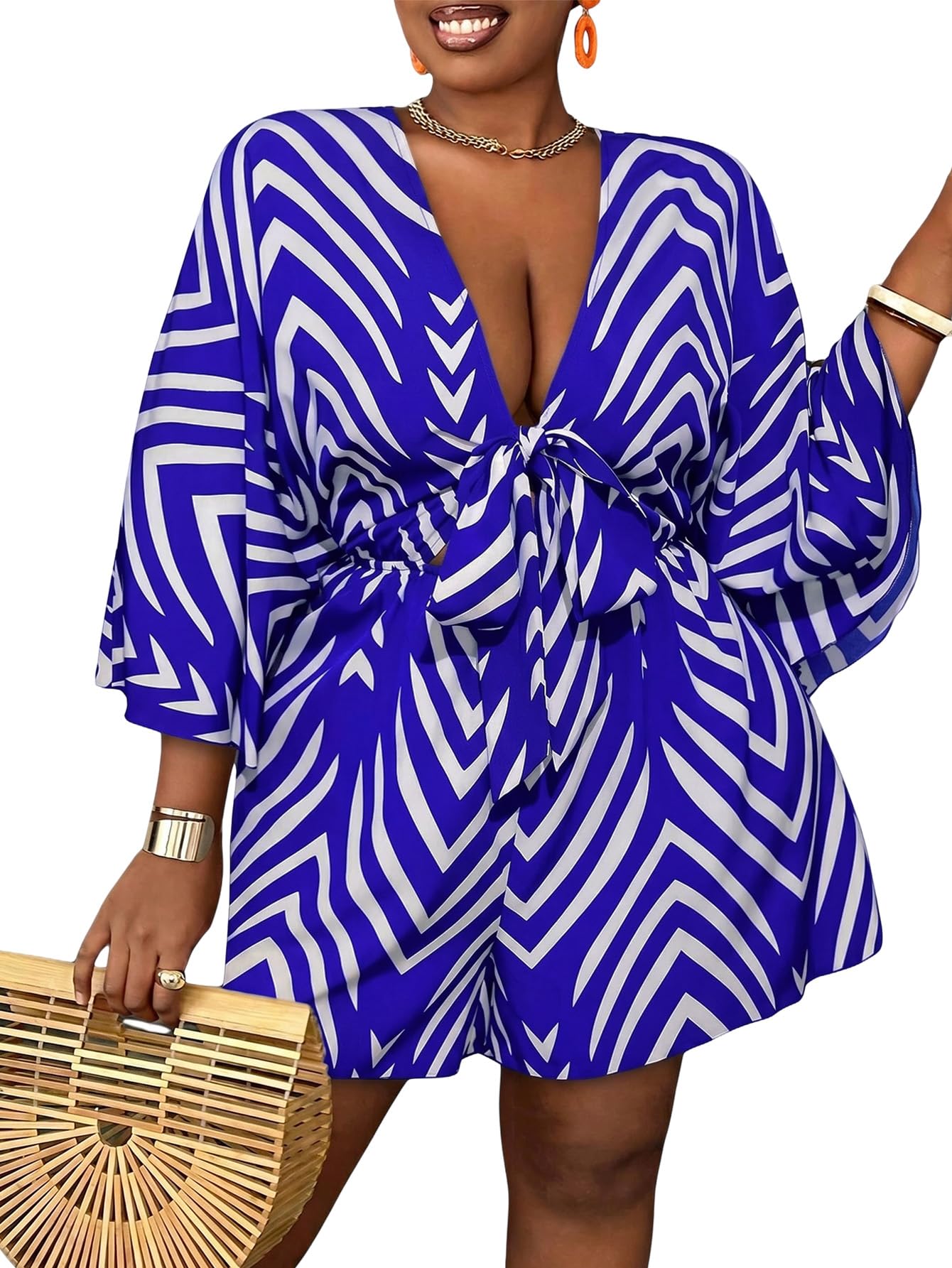 SOLY HUX Women's Plus Size Striped Tie Front Short Jumpsuit | V Neck, 3/4 Sleeve, Loose, Romper