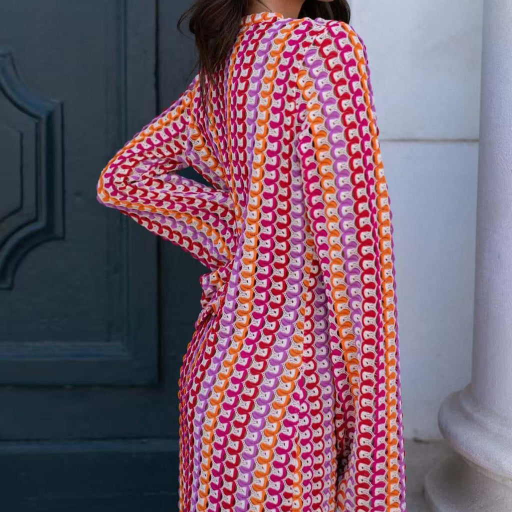 Womens Crochet Colorful Bell Long Sleeve V Neck Loose Maxi Dress Sexy Boho Eyelet Long Sundresses with Slit
