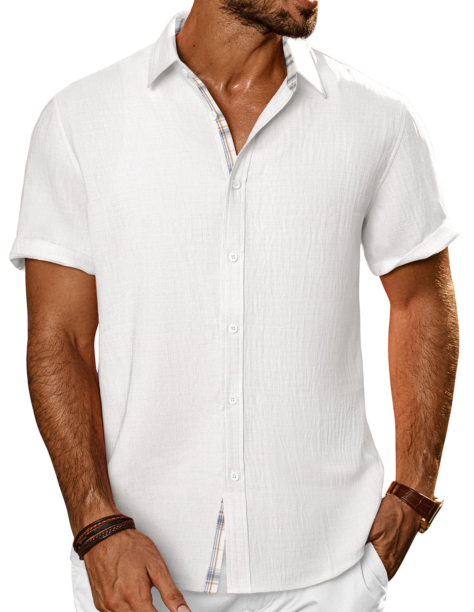 PJ PAUL JONES Mens Short Sleeve Button Down Shirts Casual Summer Clothing | Linen Textured, Summer Beach Vacation Tops, Untucked Dress Shirt, Lightweight, Regular Fit, Fashion Resort Wear