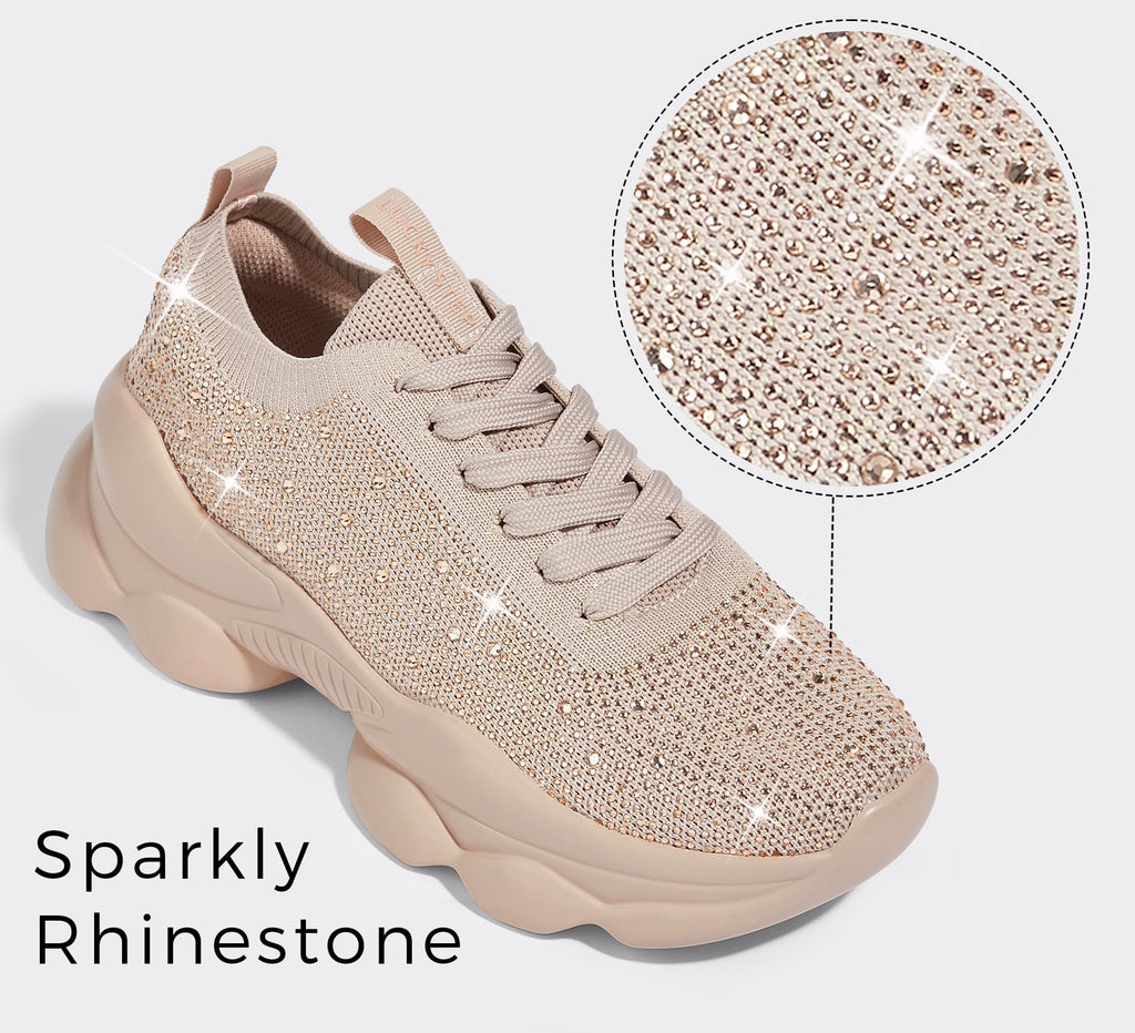 LUCKY STEP Women's Chunky Rhinestone Sneaker Sparkly Bling Bedazzled Mesh Slip on Elastic Sock Glitter Shiny Rave Walking Shoes