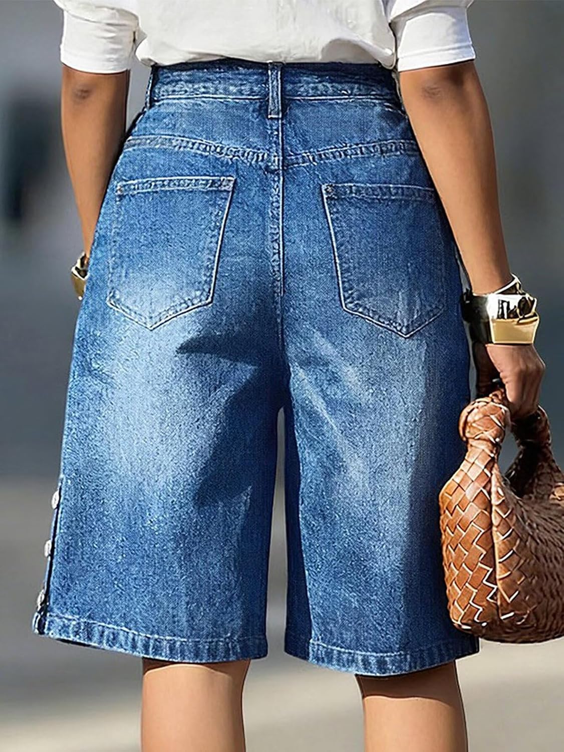 Flamingals Bermuda High Waist Stretchy Pockets Shorts for Women | Button Decor, Casual Styling, Bermuda Shorts for Women, High Waist, Denim Fabric, Stretch Comfort