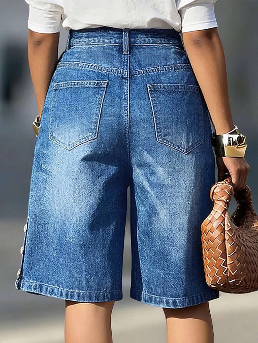 Flamingals Bermuda High Waist Stretchy Pockets Shorts for Women | Button Decor, Casual Styling, Bermuda Shorts for Women, High Waist, Denim Fabric, Stretch Comfort