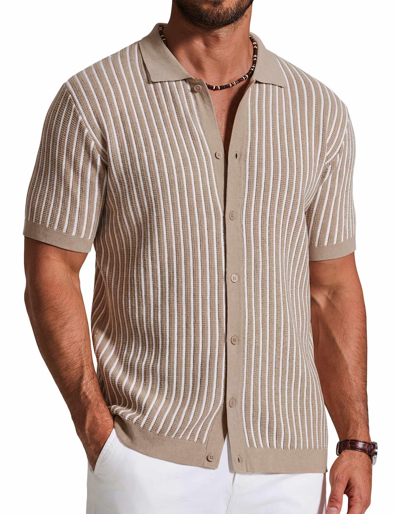 COOFANDY Mens Knit Button Down Shirts Short Sleeve Polo Shirt Vintage Striped Casual Shirts
