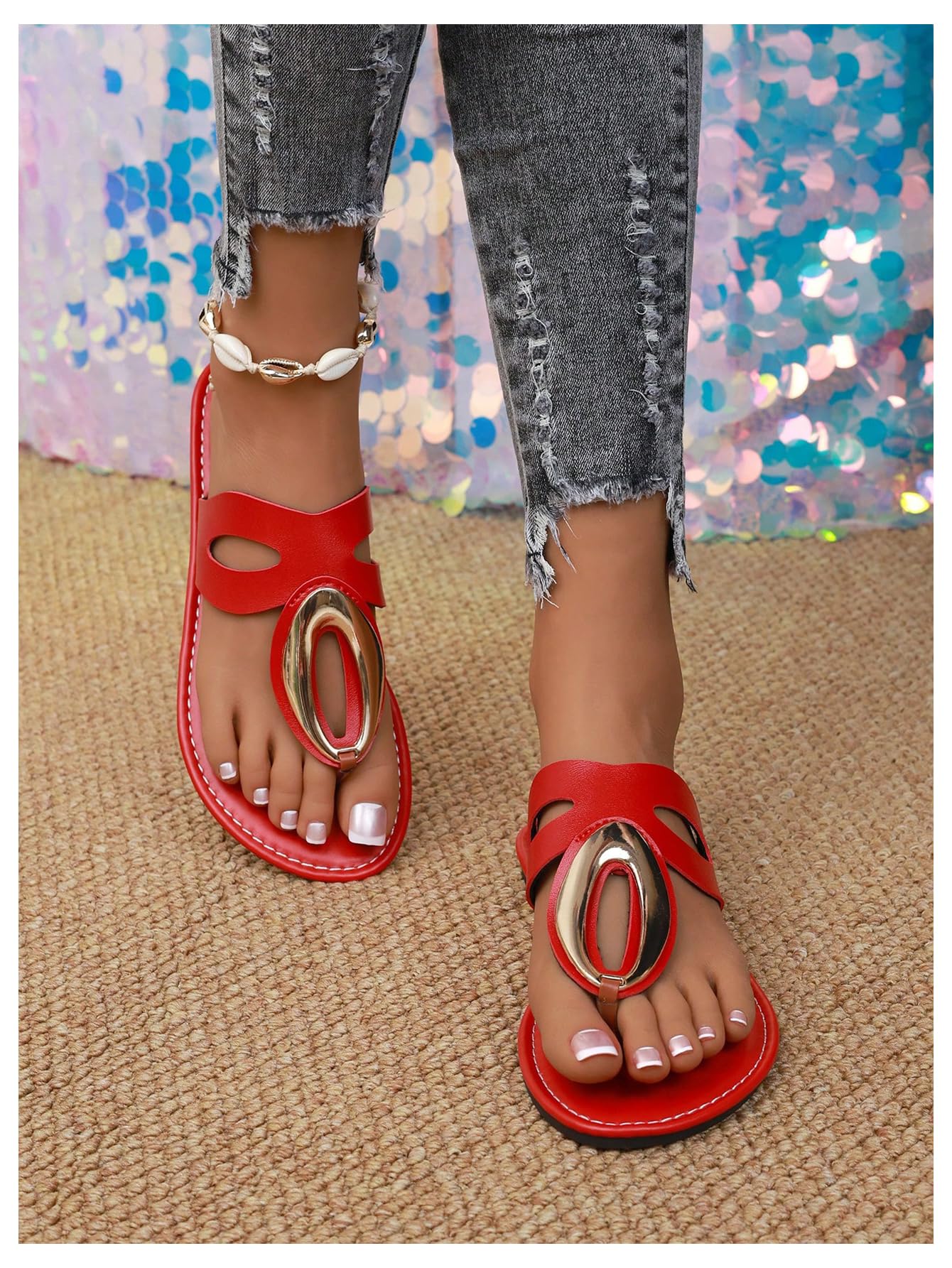 OYOANGLE Women's Metal Open Toe Leather Thong Dressy Sandals Flip Flops | PU Leather Lining, Beach Outings Tropical Vacation Summer Daily Occasions