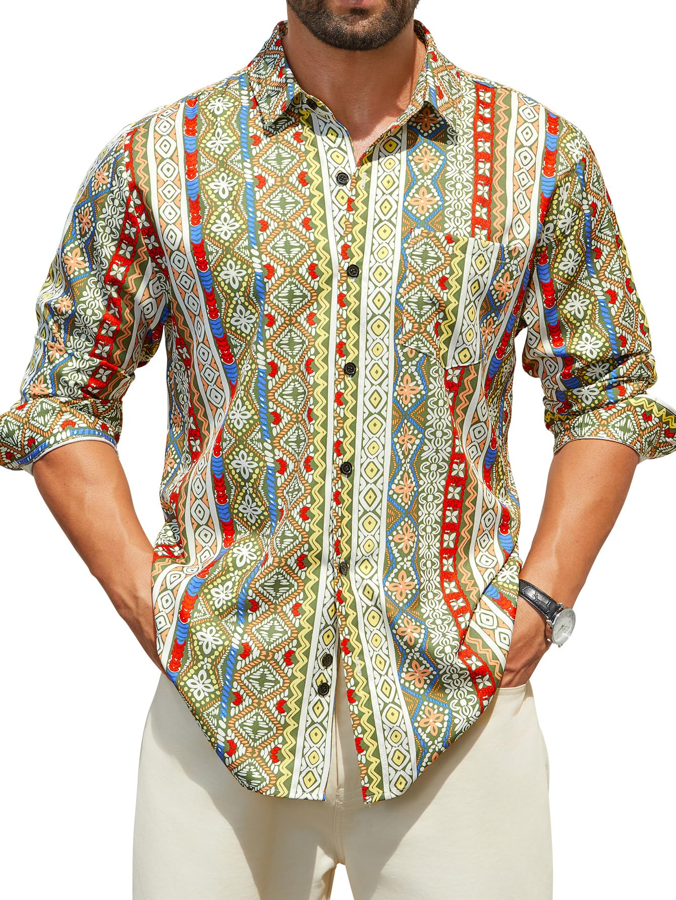 Hardaddy Men's Tropical Floral Button Down Long Sleeve Hawaiian Shirt Flower Printed Beach Shirts