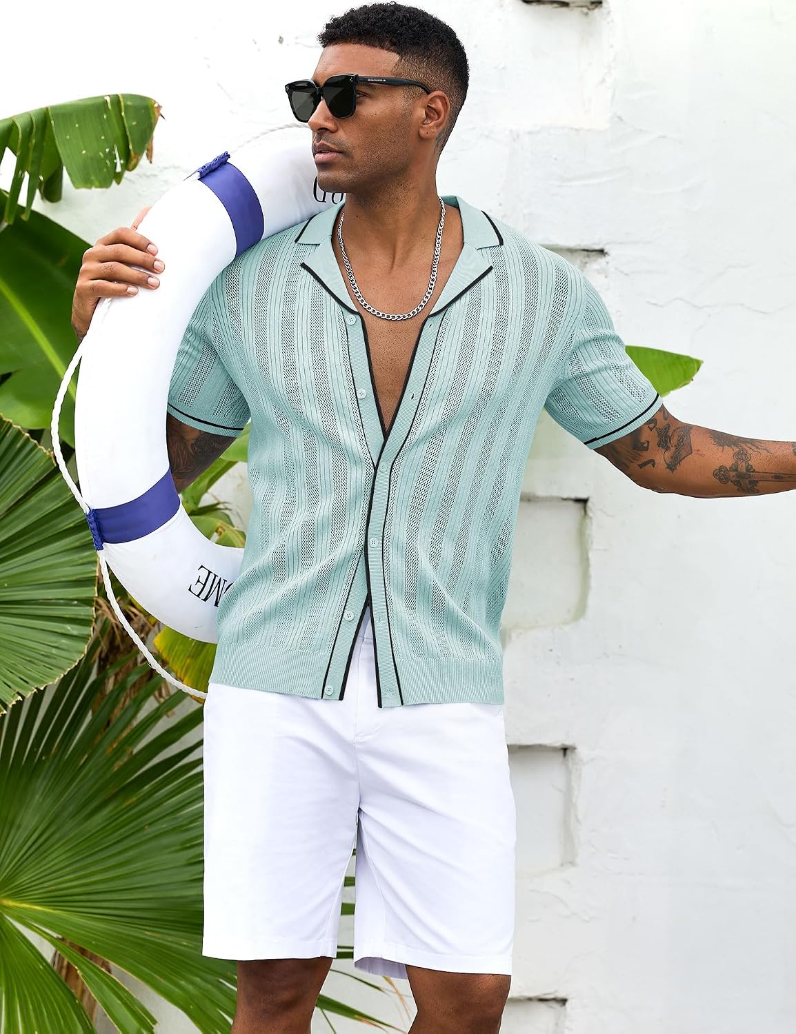 Men's Knit Button Down Shirt Short Sleeve Vintage Knitted Striped Summer Beach Tops S-XXL