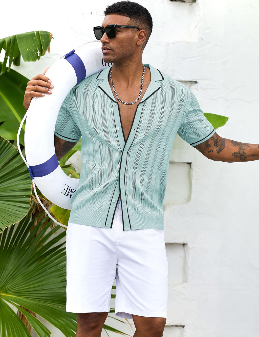 Men's Knit Button Down Shirt Short Sleeve Vintage Knitted Striped Summer Beach Tops S-XXL