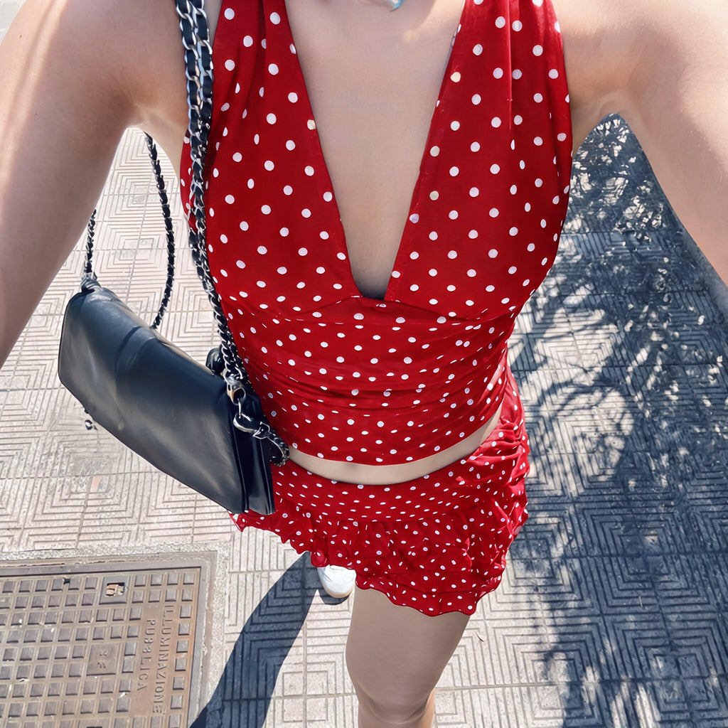 Women Summer Polka Dot Set Halter Mini Tiered Skirt Set | Built in shorts, Ruched Waist, Tiered Ruffle, Mesh outer layer, ideal for going out, vacation, birthday, night out