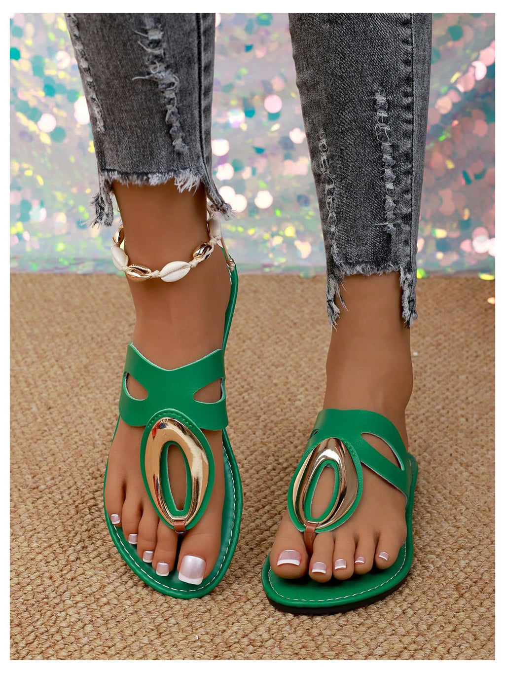 OYOANGLE Women's Metal Open Toe Leather Thong Dressy Sandals Flip Flops | PU Leather Lining, Beach Outings Tropical Vacation Summer Daily Occasions