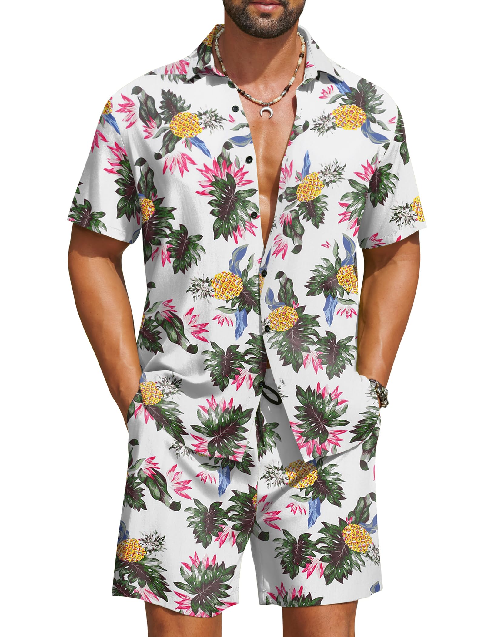 COOFANDY Men's Hawaiian Matching Set Summer Beach 2 Piece Outfits Flower Button Down Shirts and Shorts Vacation Outfits