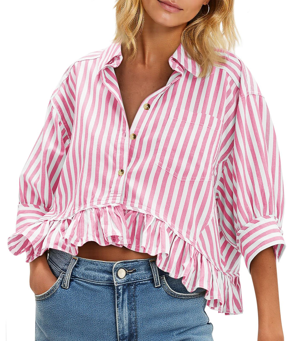Cicy Bell Womens Cropped Striped Button Down Shirts Ruffle 3/4 Length Tops | Dressy Casual Blouses,Summer V Neck Tops,Vacation Outfits