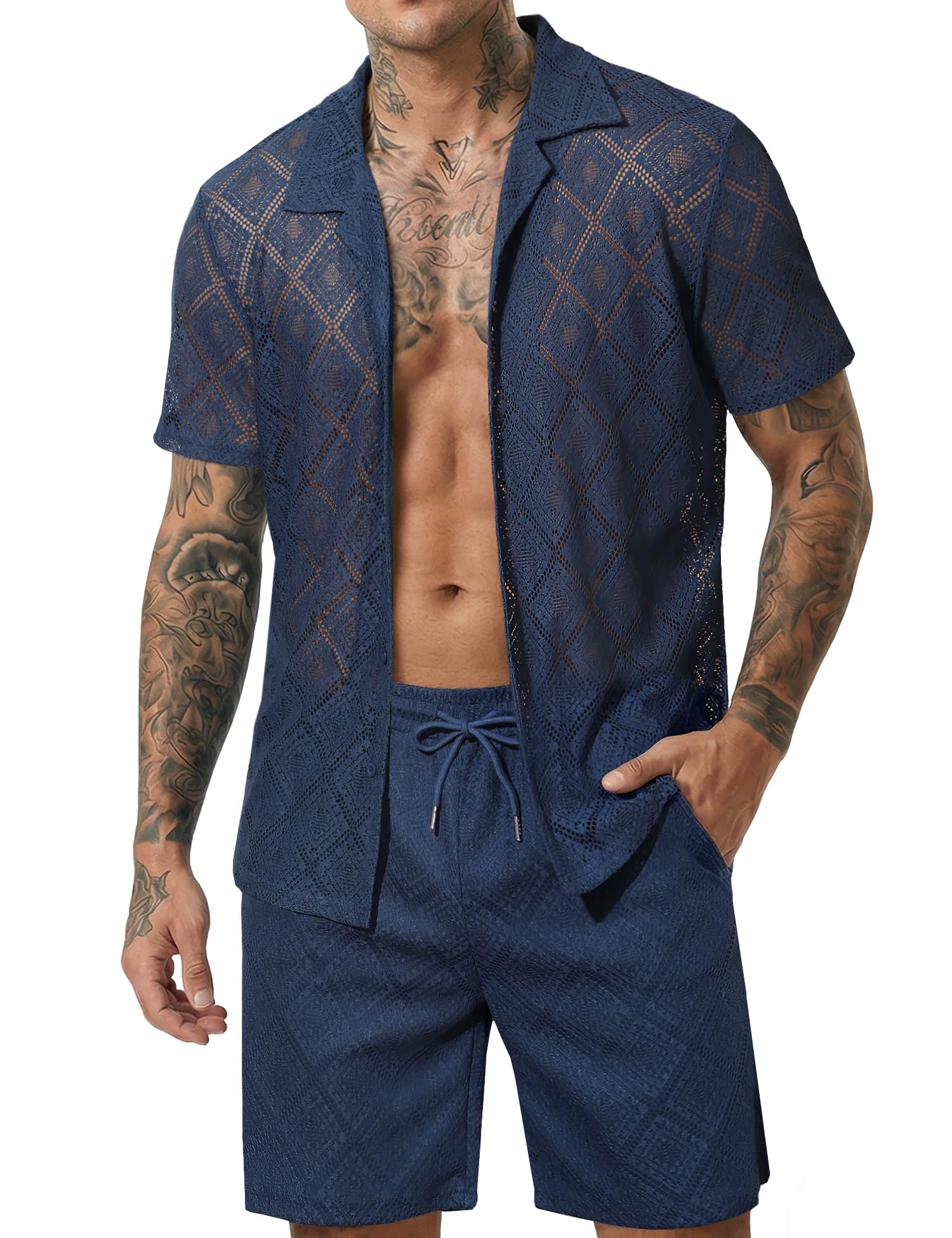 Men 2 Piece Shorts Set Sexy Lace Mesh Sheer Short Sleeve Summer Rave Outfit
