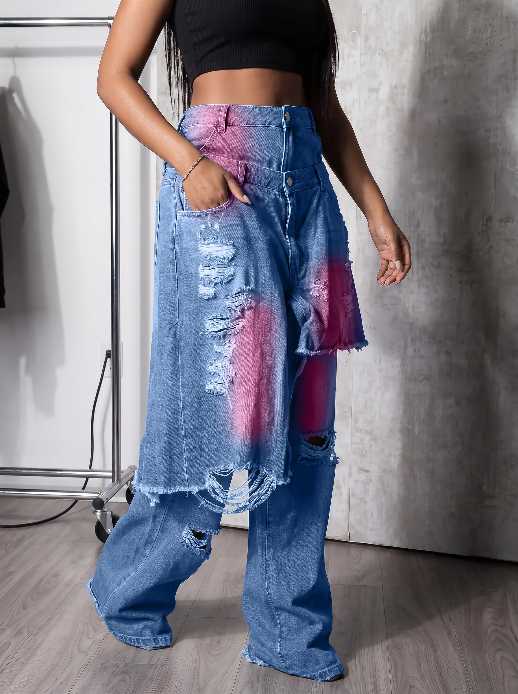 LKOUS Women's Ripped Baggy Jeans High Waist Wide Leg Patchwork Streetwear | Distressed, cutout, Y2K, hip hop, stretchy, soft, pocket, casual, concert, vintage. Machine wash