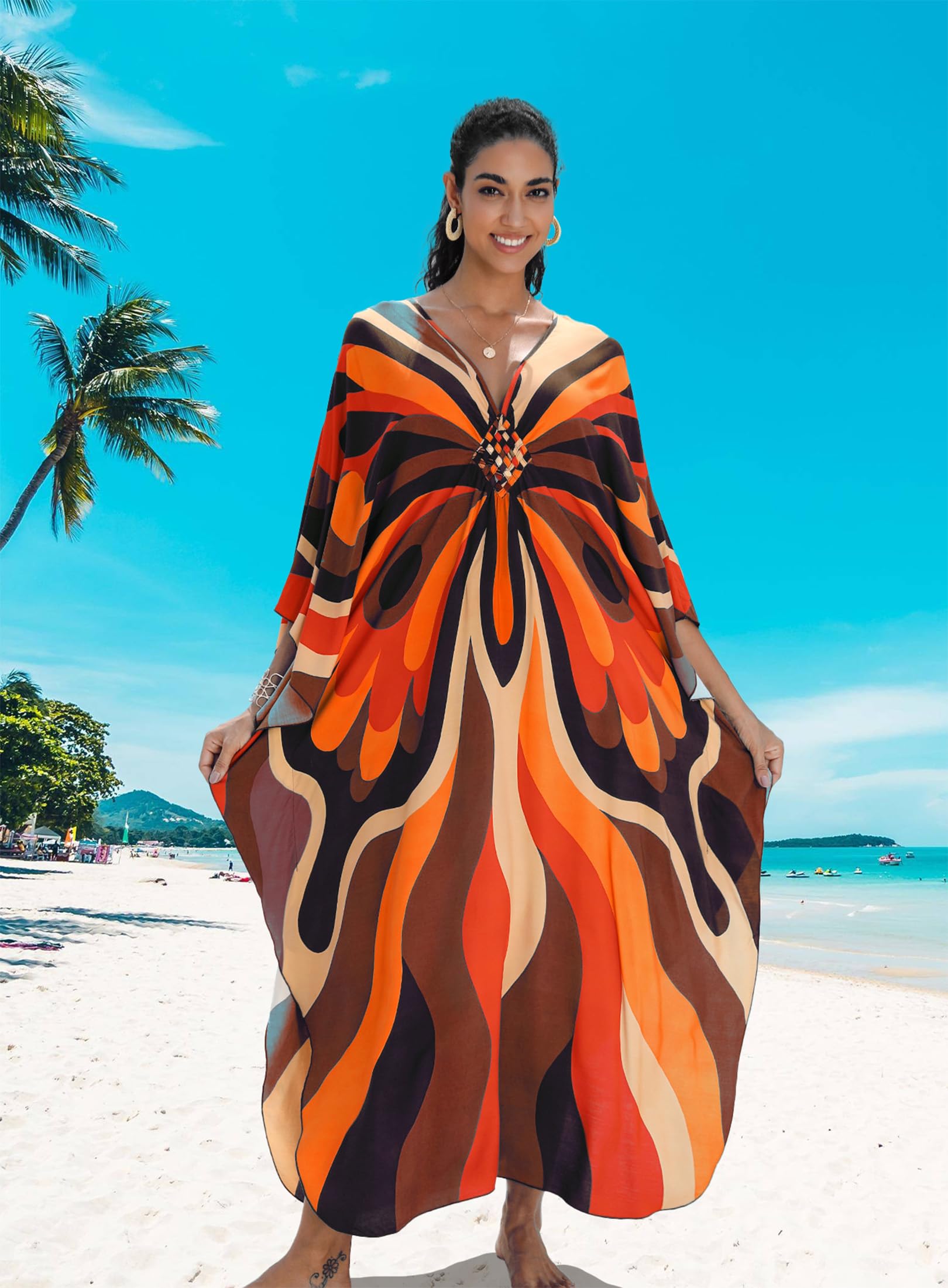 Yanziliu Kaftan Dress for Women,Plus Size Hawaiian Batwing Sleeve Beach Cover Up Summer Swimsuit Dresses