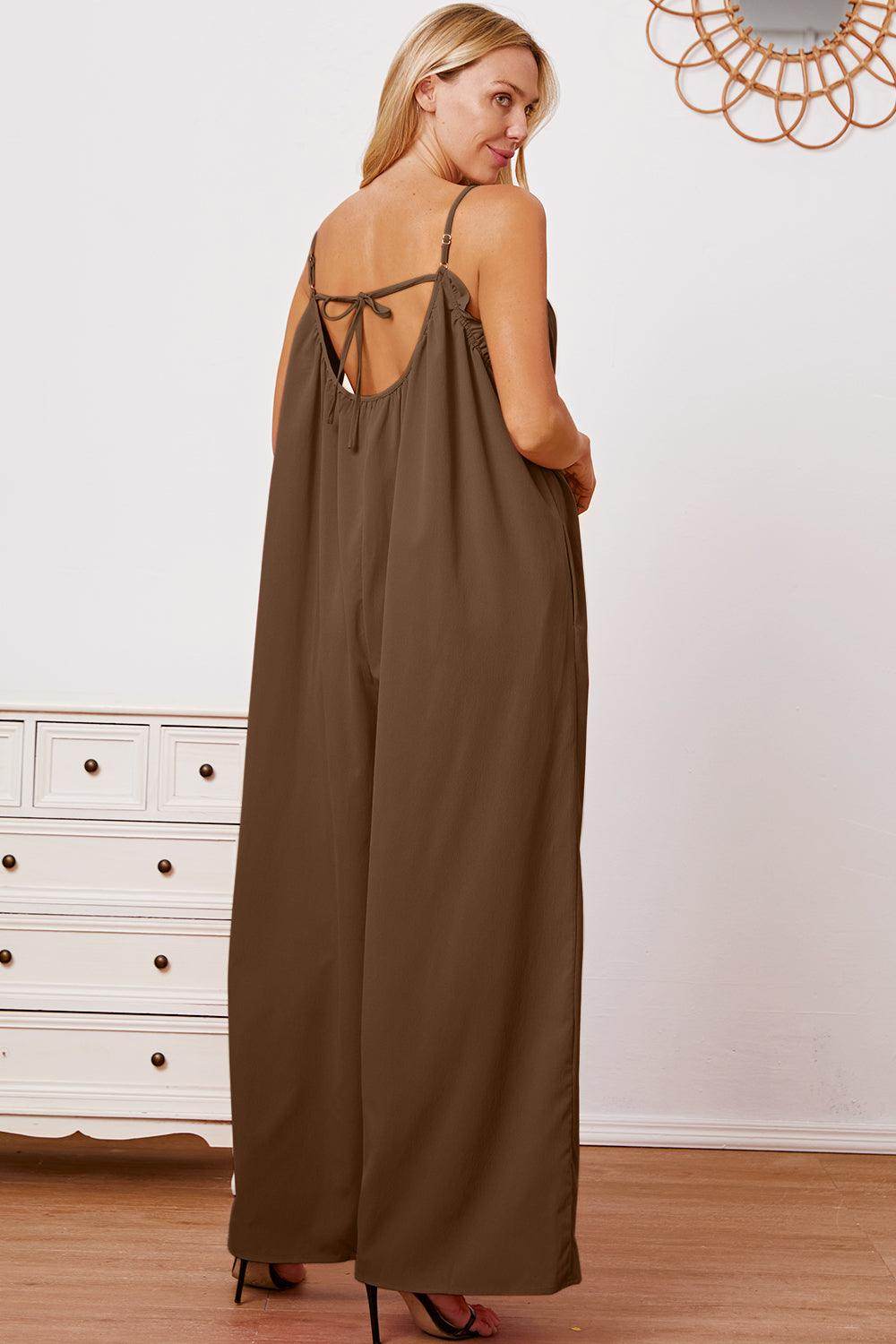 Double Take Full Size Ruffle Trim Tie Back Cami Jumpsuit