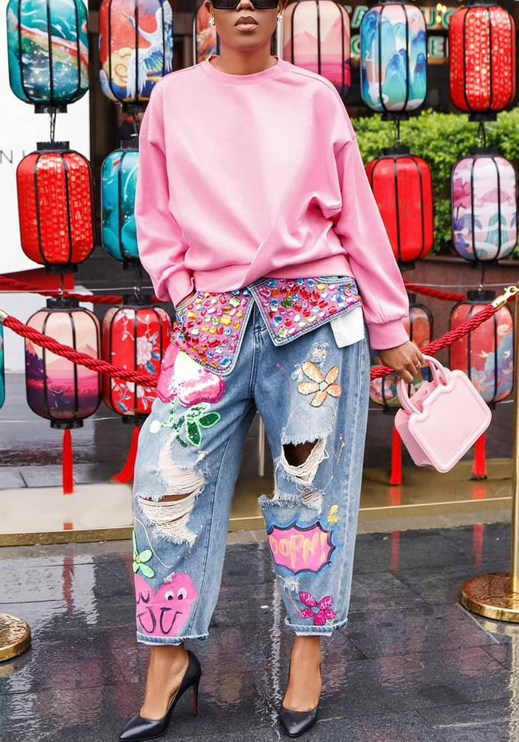 Women's Barrel Jeans Wide Leg High Waist Rhinestone Floral Horseshoe Ripped Baggy Cropped Jeans Denim Pants