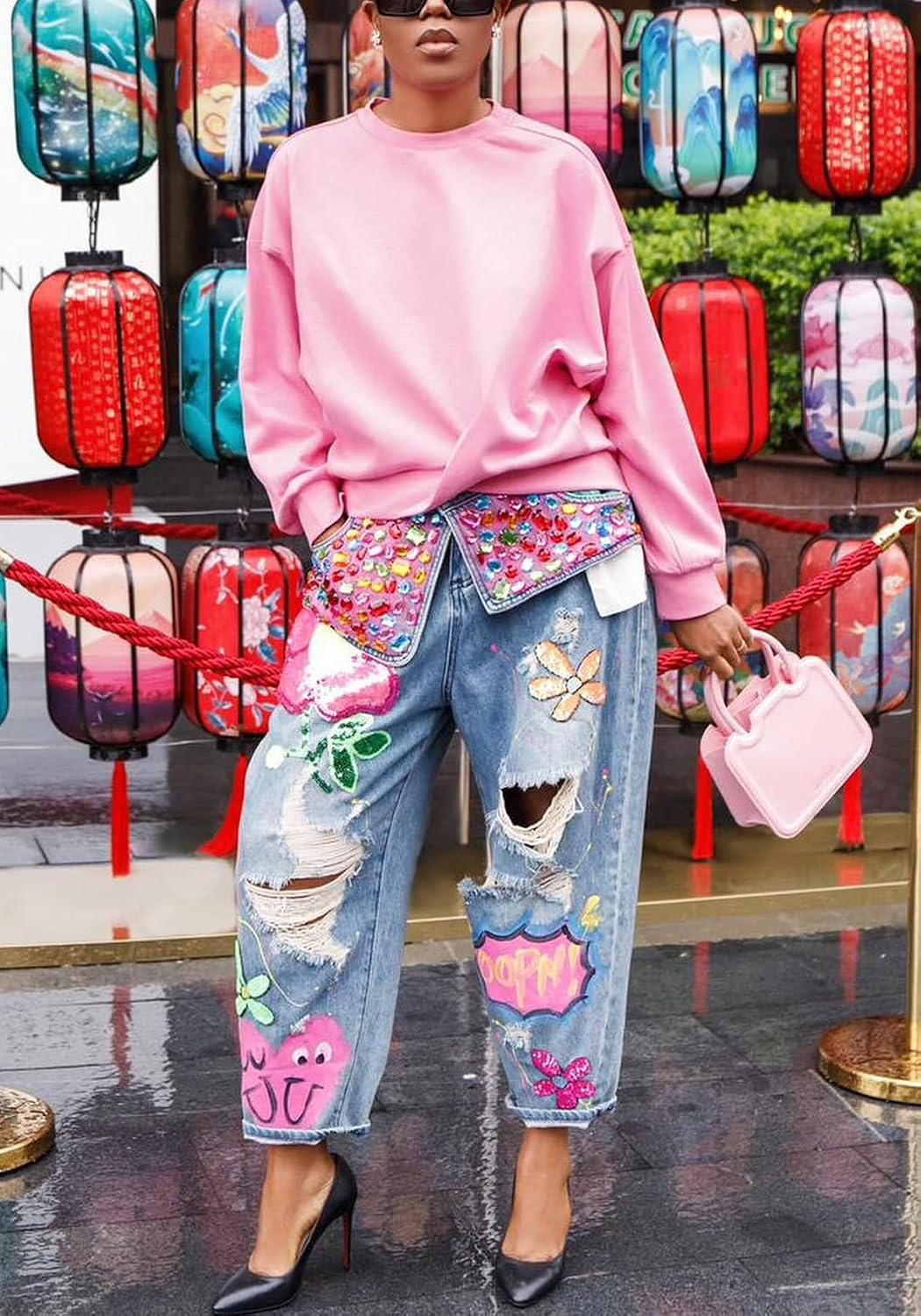 Women's Barrel Jeans Wide Leg High Waist Rhinestone Floral Horseshoe Ripped Baggy Cropped Jeans Denim Pants