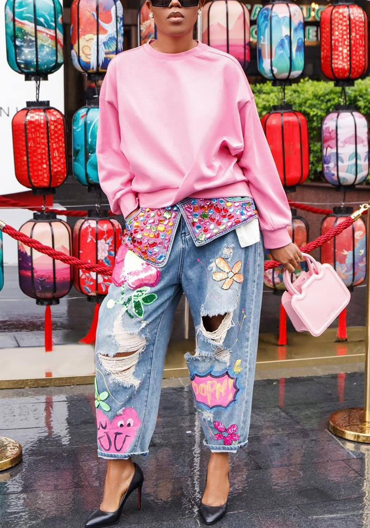 Women's Barrel Jeans Wide Leg High Waist Rhinestone Floral Horseshoe Ripped Baggy Cropped Jeans Denim Pants